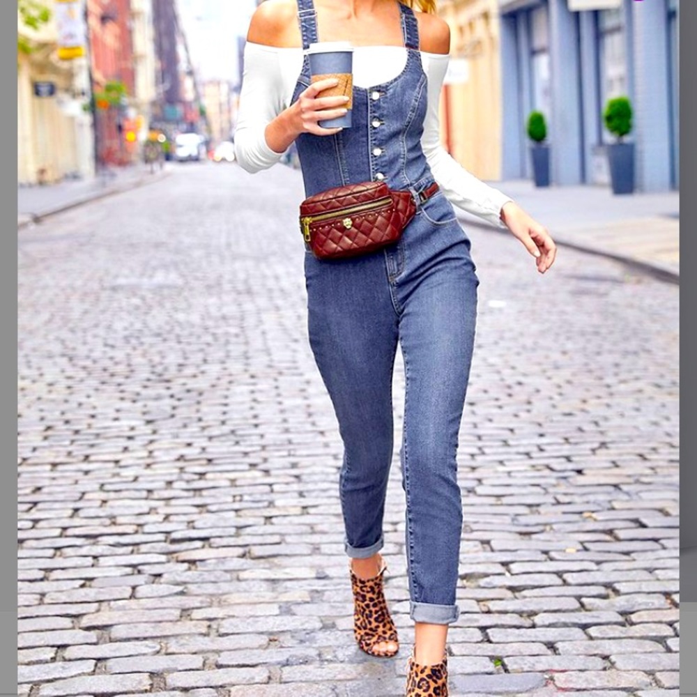 Venus Light Blue Button Front Denim Jumpsuit
